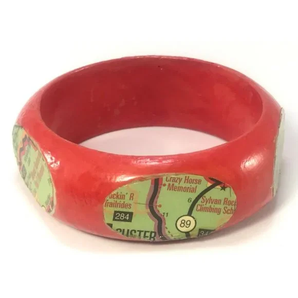 Altered Red Wood Bangle Bracelet with Deadwood Black Hills Map Collage - Picture 2 of 6